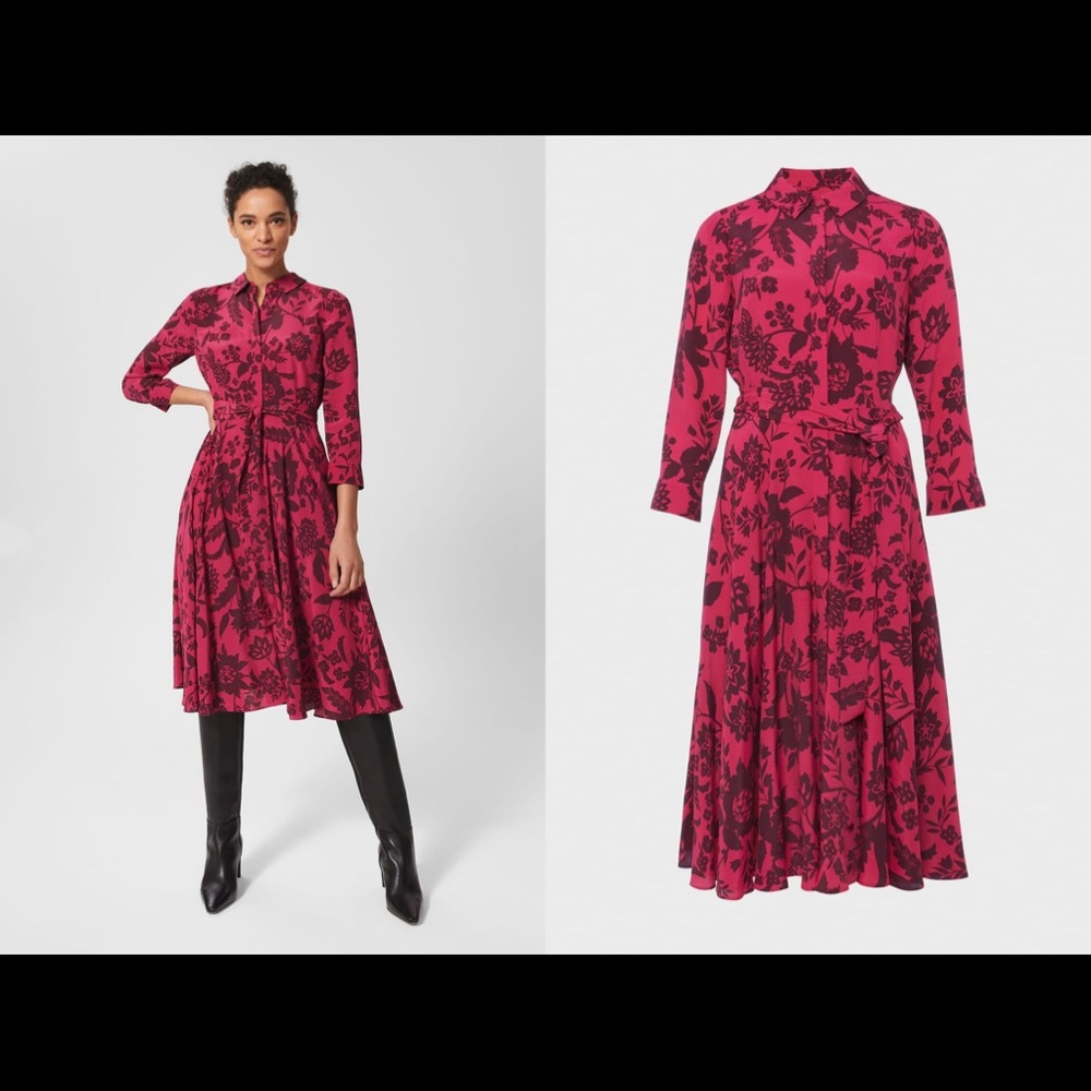 Hobbs Berry Pink Dahlia Floral Print Belted Fit & Flare Shirt Dress Size 8